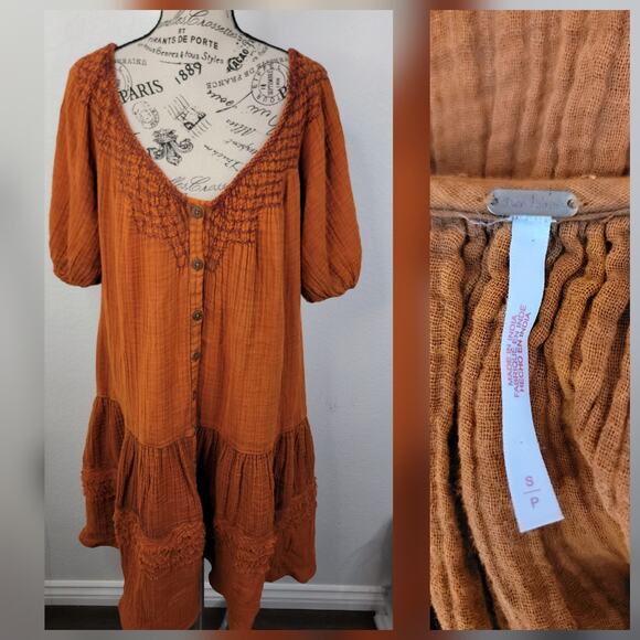 Free People Sunday Stroll Maxi Dress Button down Tiered Oversized Embroidered S - Picture 1 of 9